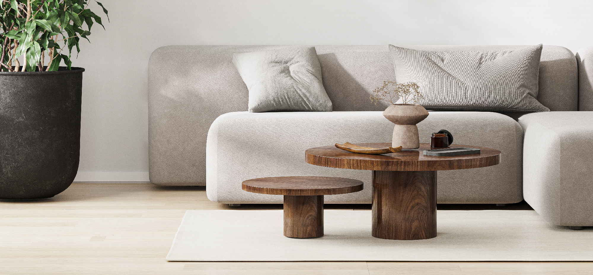 Sofa with wooden table aesthetic